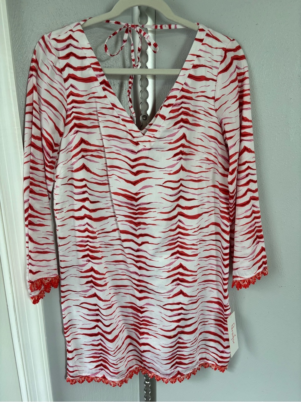 Women's red/pink & White V-Neck Swim Coverup
